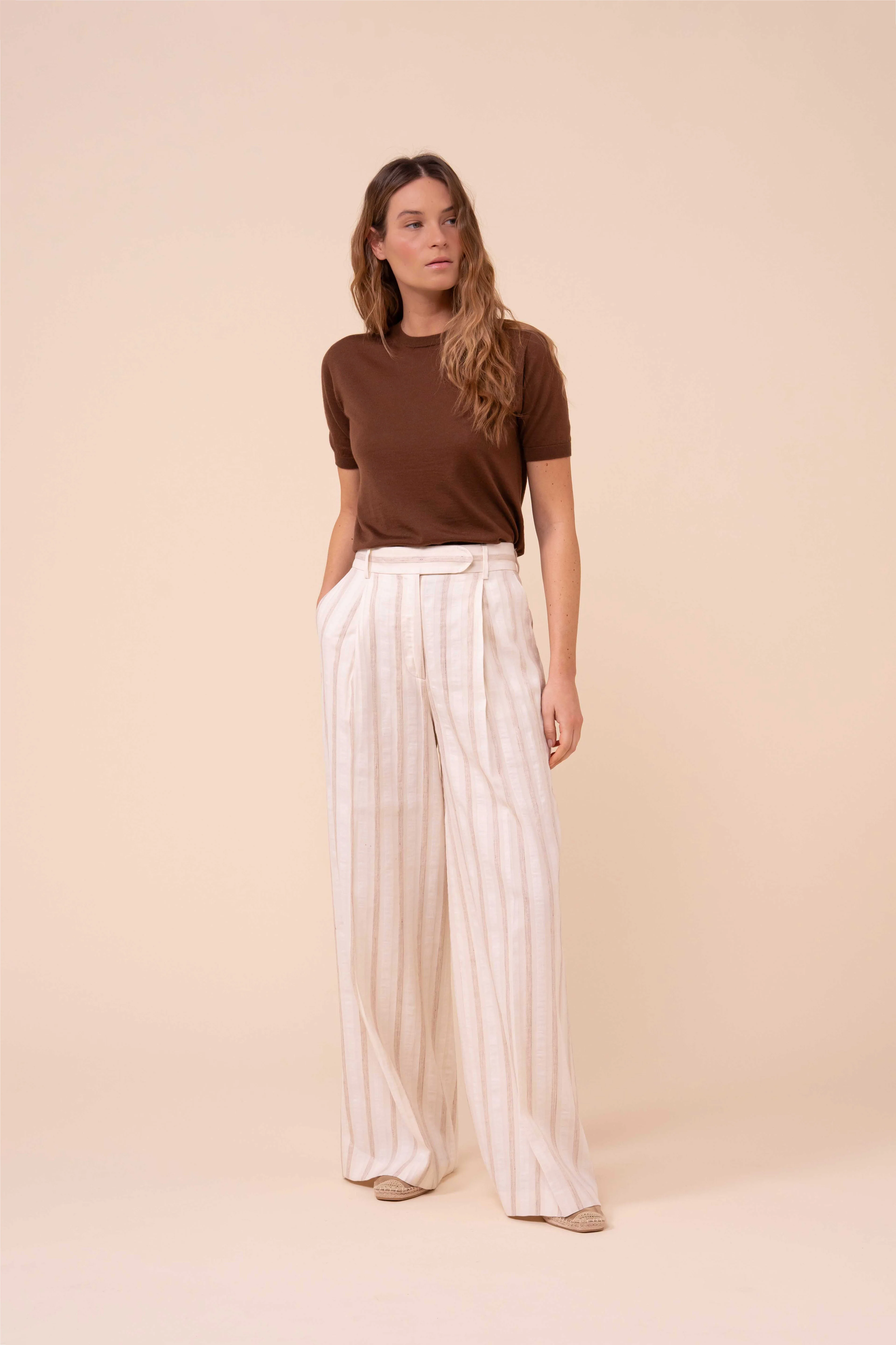 Carlo Cotton and Linen Striped Wide-Leg Pants