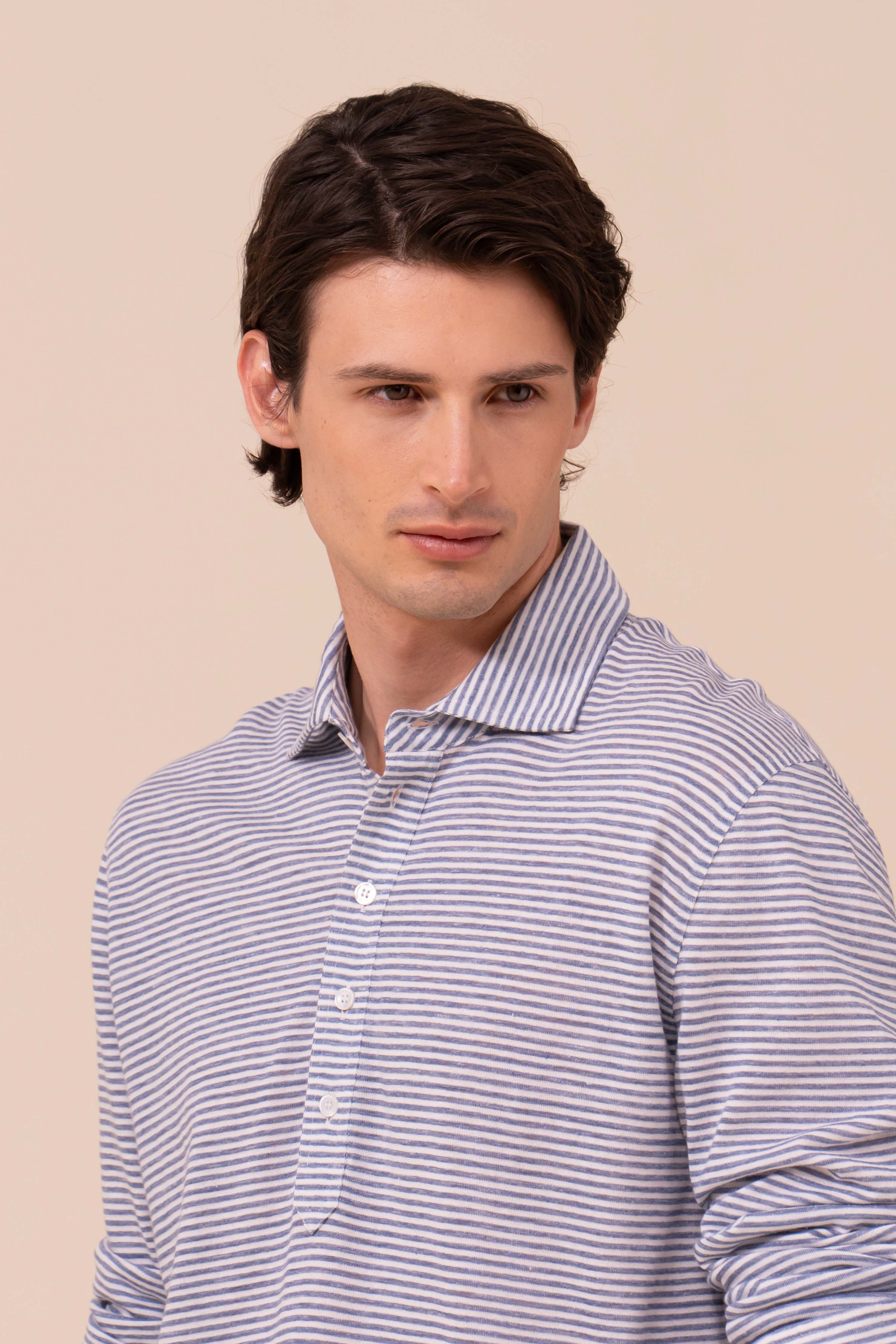 Five Linen Cotton Long Sleeve Striped Polo - Image 4