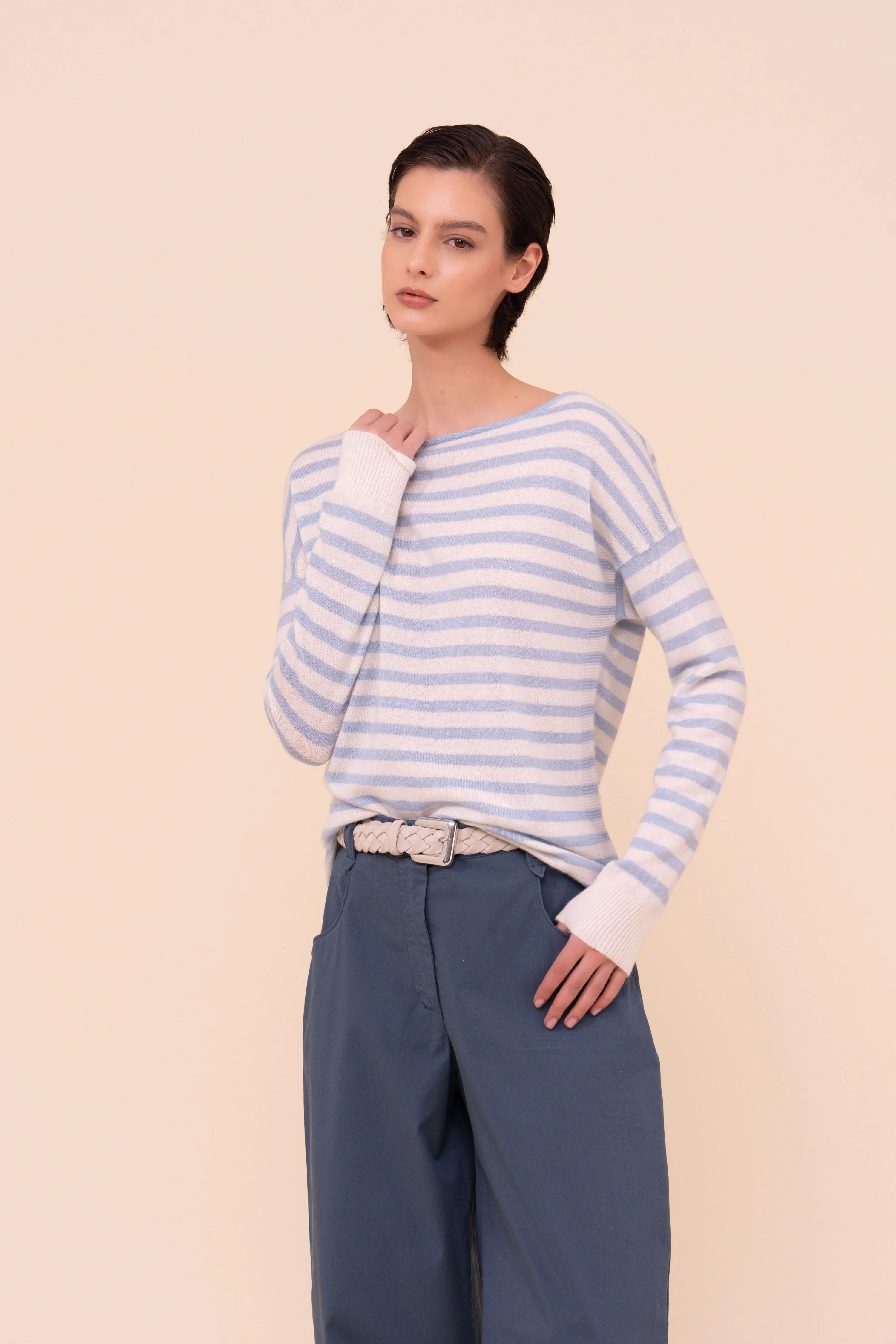 Kahlo Marble Cashmere and Linen Striped Boatneck