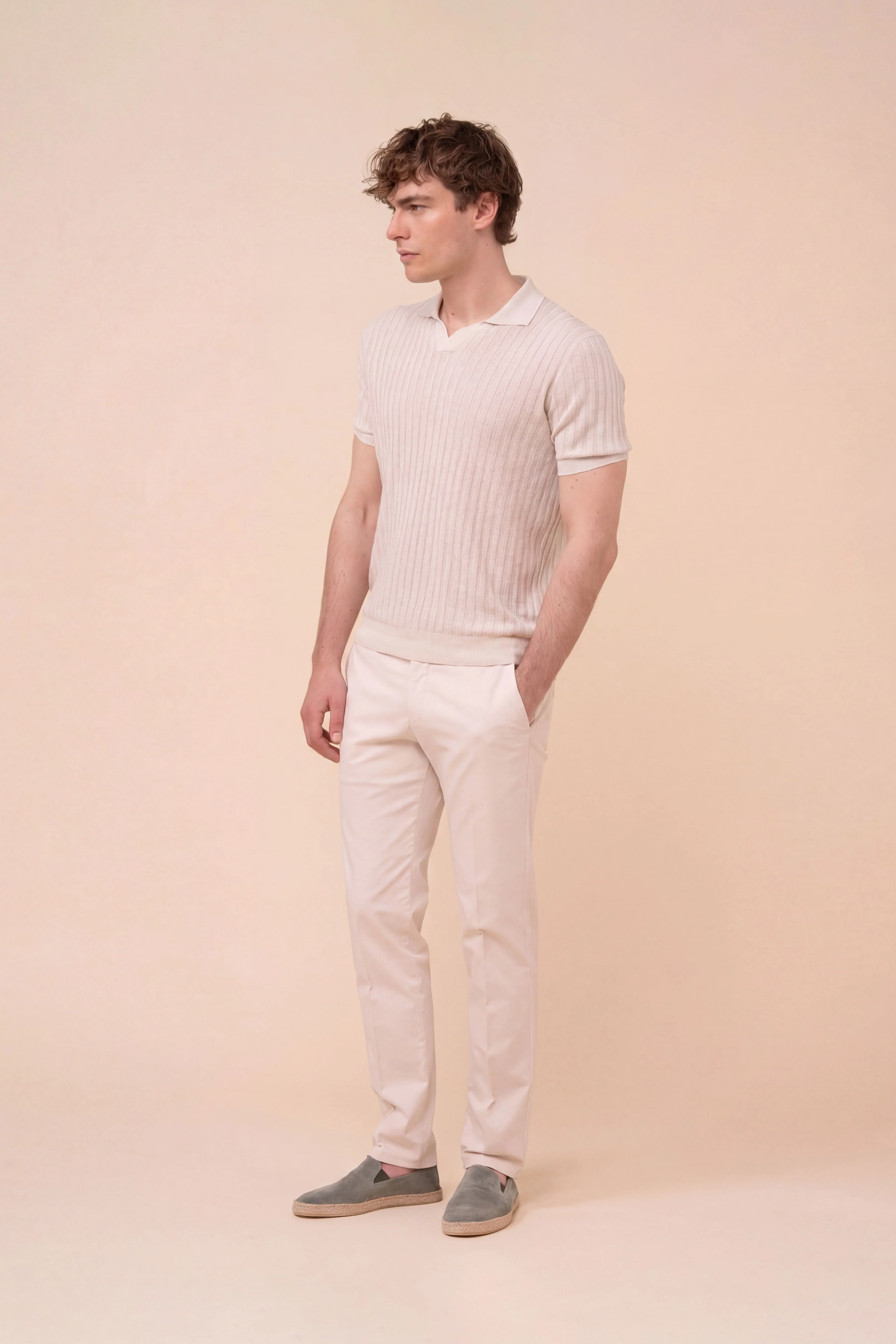 Soul Cotton and Linen Ribbed V-Neck Polo - Image 2