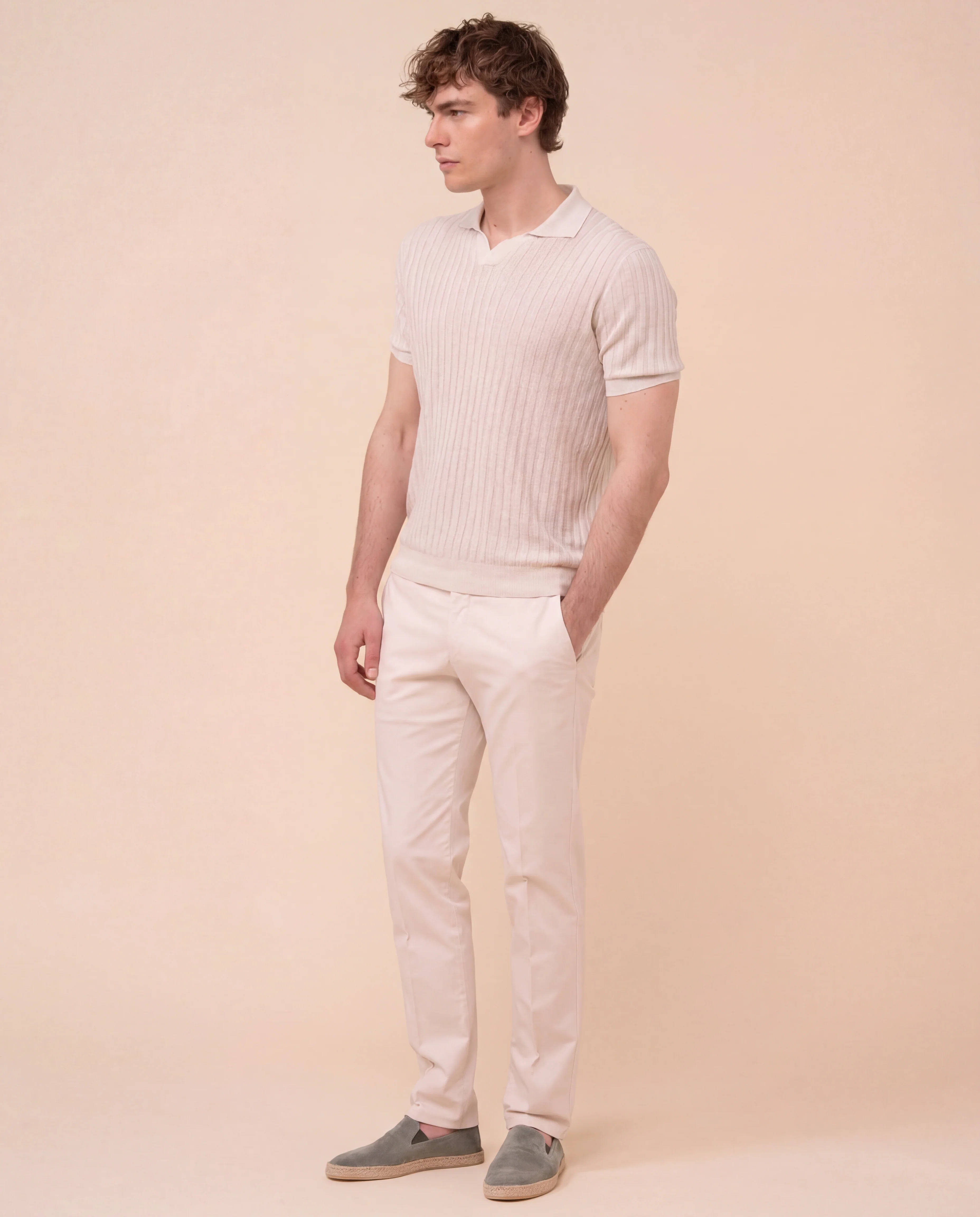 Soul Cotton and Linen Ribbed V-Neck Polo - Image 3